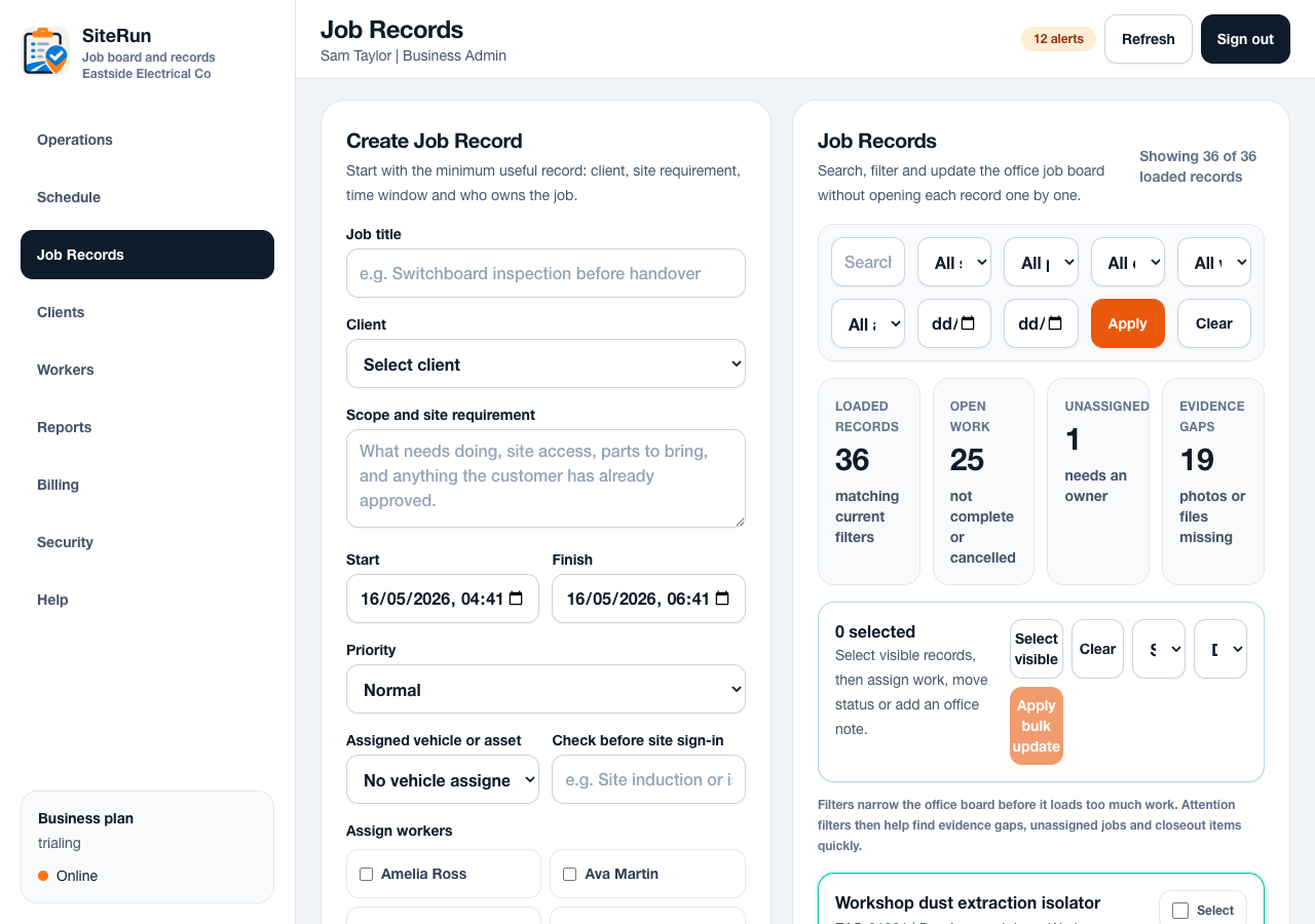 SiteRun job records screen showing realistic job creation, site notes and operational records.