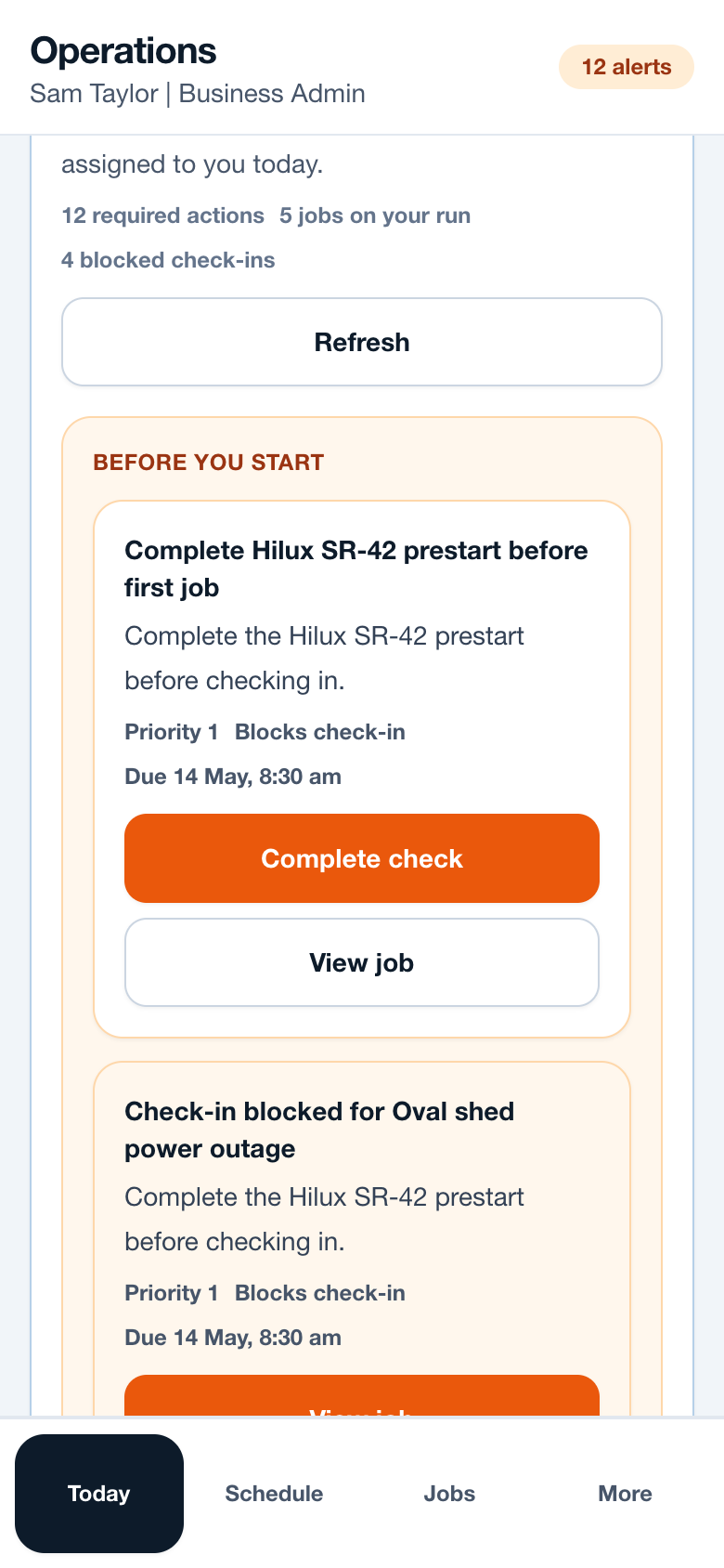 SiteRun mobile dashboard with large field-friendly actions and Today navigation.