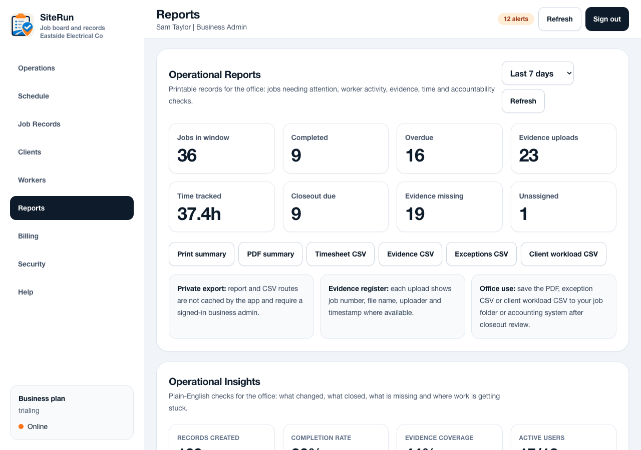 SiteRun reports screen showing operational summaries, exports and practical records for office admins.