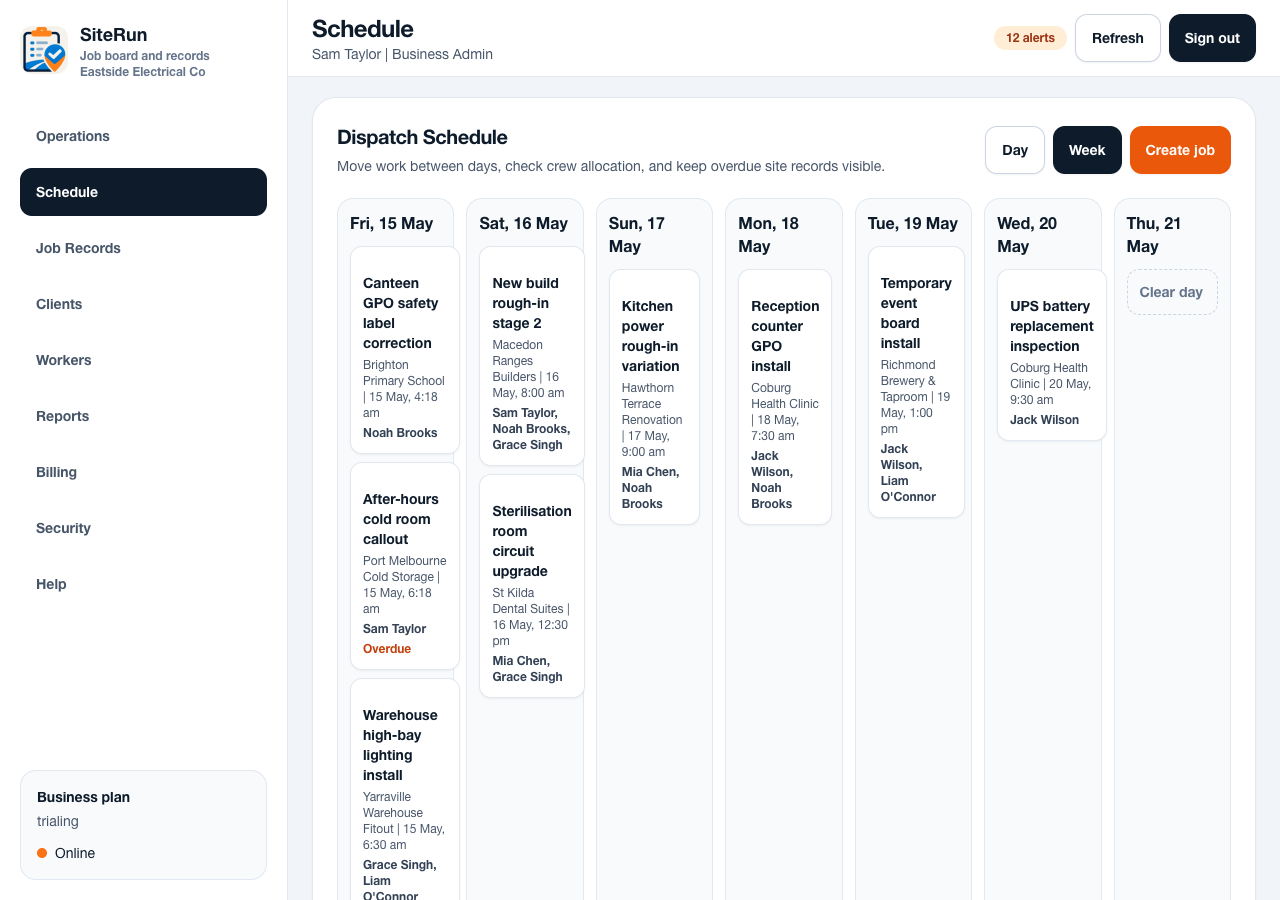 SiteRun schedule screen showing jobs tied to workers, job numbers and closeout status.