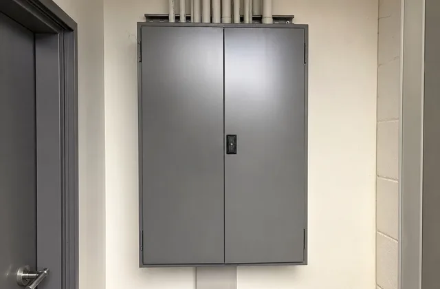 Closed electrical switchboard cabinet photographed after job completion.